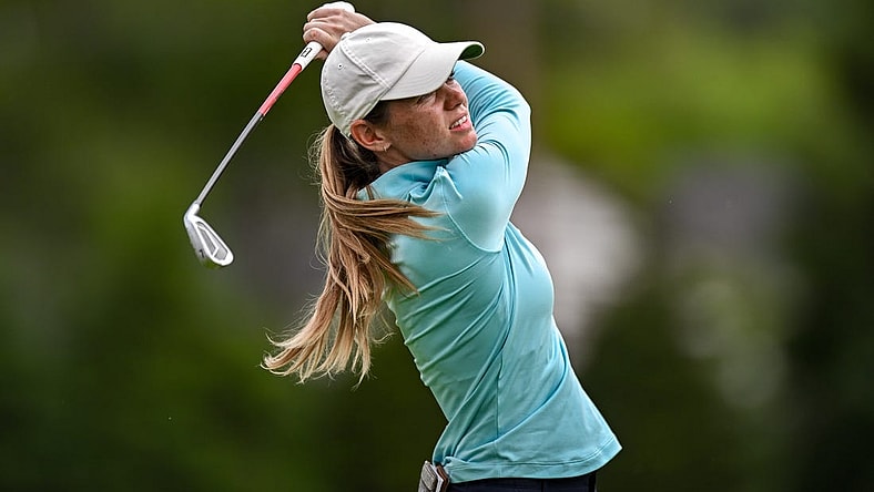 Jun 24, 2023; Springfield, New Jersey, USA; Sarah Schmelzel tees off on the 4th hole during the third round of the KPMG Women's PGA Championship golf tournament. Mandatory Credit: John Jones-USA TODAY Sports