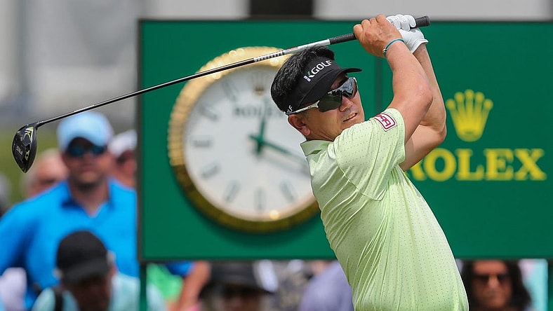 Y.E. Yang holds his follow-through after hitting his tee shot during the third round of the 2023 U.S. Senior Open on Saturday, July 1, 2023, at SentryWorld in Stevens Point, Wis. Yang shot a round of 69 to move into a tie for fourth place heading into the final round.
Tork Mason/USA TODAY NETWORK-Wisconsin