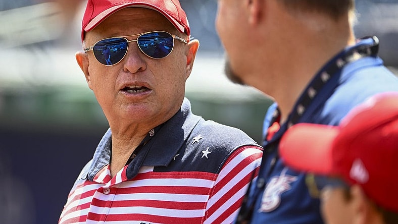 Jul 4, 2023; Washington, District of Columbia, USA; Washington Nationals owner Mark Lerner on the field before the game between the Washington Nationals and the Cincinnati Reds at Nationals Park. Mandatory Credit: Brad Mills-USA TODAY Sports