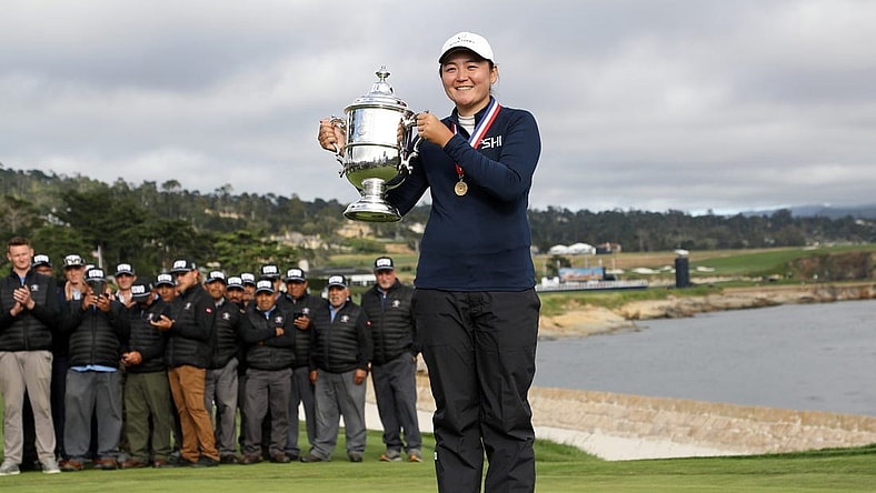 Jul 9, 2023; Pebble Beach, California, USA; Allisen Corpuz celebrates with the Harton S. Semple Trophy after winning the U.S. Women's Open golf tournament at Pebble Beach Golf Link. Mandatory Credit: Kiyoshi Mio-USA TODAY Sports