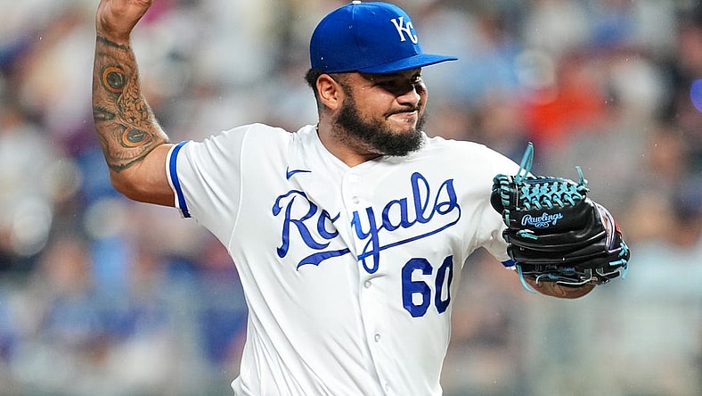 Jul 19, 2023; Kansas City, Missouri, USA; Kansas City Royals relief pitcher Max Castillo (60) pitches during the eighth inning against the Detroit Tigers at Kauffman Stadium. Mandatory Credit: Jay Biggerstaff-USA TODAY Sports