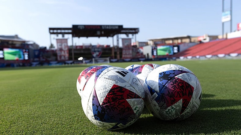 Jul 21, 2023; Frisco, TX, USA; A general view of soccer balls on the field before the match between Charlotte FC and FC Dallas at Toyota Stadium. Mandatory Credit: Tim Heitman-USA TODAY Sports