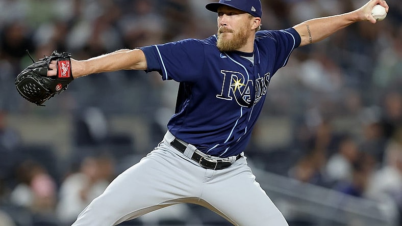 Aug 2, 2023; Bronx, New York, USA; Tampa Bay Rays relief pitcher Jake Diekman (30) pitches against the New York Yankees during the eighth inning at Yankee Stadium. Mandatory Credit: Brad Penner-USA TODAY Sports
