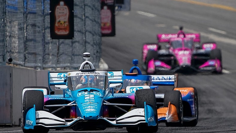 NTT IndyCar Series driver Josef Newgarden (2) drives during the Music City Grand Prix in Nashville, Tenn., Sunday, Aug. 6, 2023.