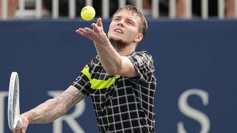 Aug 7, 2023; Toronto, Ontario, Canada; Alexander Bublik (KAZ) serves against Hubert Hurkacz (not pictured) at Sobeys Stadium. Mandatory Credit: John E. Sokolowski-USA TODAY Sports