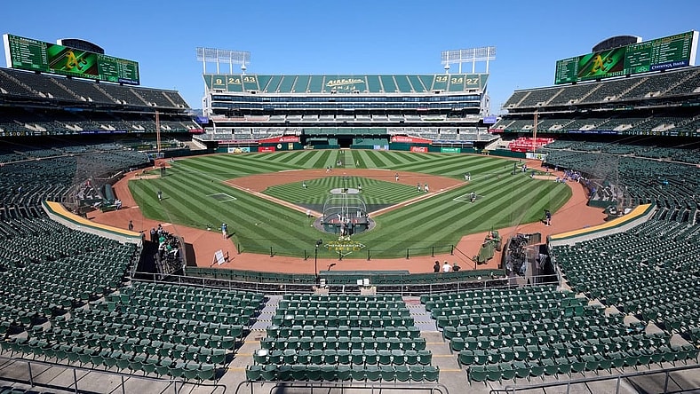 Aug 7, 2023; Oakland, California, USA; A general view of Oakland-Alameda County Coliseum before a game between the Oakland Athletics and the Texas Rangers.   Mandatory Credit: Robert Edwards-USA TODAY Sports