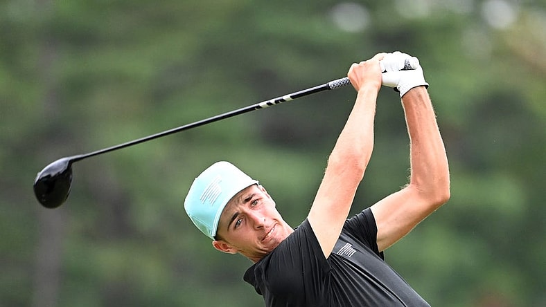 Aug 6, 2023; White Sulphur Springs, West Virginia, USA; David Puig tees off on the 11th hole during the final round of the LIV Golf event at The Old White Course. Mandatory Credit: Bob Donnan-USA TODAY Sports