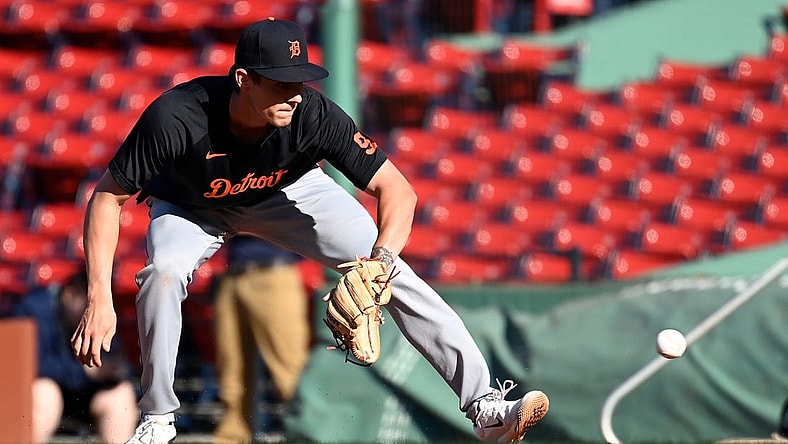 Aug 11, 2023; Boston, Massachusetts, USA; Detroit Tigers third baseman Nick Maton (9) warms up before a game against the Boston Red Sox at Fenway Park. Mandatory Credit: Eric Canha-USA TODAY Sports