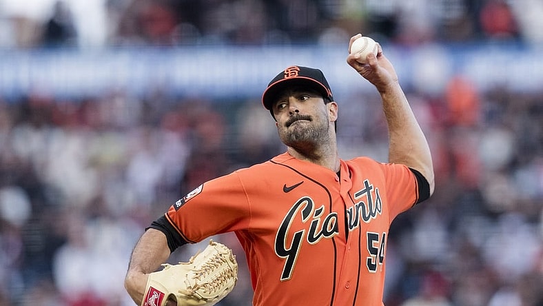 Aug 11, 2023; San Francisco, California, USA;  San Francisco Giants starting pitcher Scott Alexander (54) throws against the Texas Rangers during the first inning at Oracle Park. Mandatory Credit: John Hefti-USA TODAY Sports