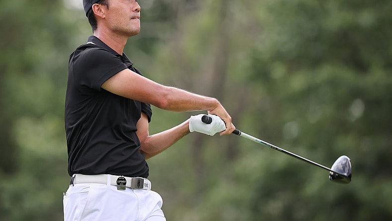 Aug 12, 2023; Bedminster, New Jersey, USA; Kevin Na plays his shot from the third tee during the second round of the LIV Golf Bedminster golf tournament at Trump National Bedminster. Mandatory Credit: Vincent Carchietta-USA TODAY Sports