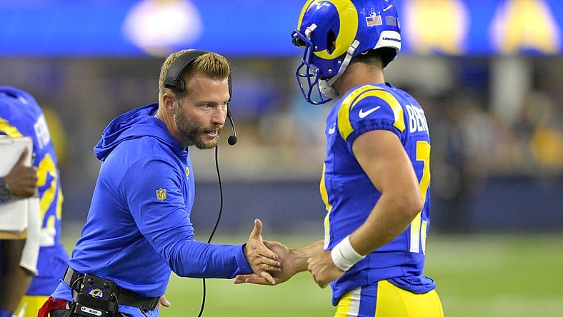 Aug 12, 2023; Inglewood, California, USA;   Los Angeles Rams coach Sean McVay congratulates quarterback Stetson Bennett (13) after a touchdown in the second half against the Los Angeles Chargers at SoFi Stadium. Mandatory Credit: Jayne Kamin-Oncea-USA TODAY Sports