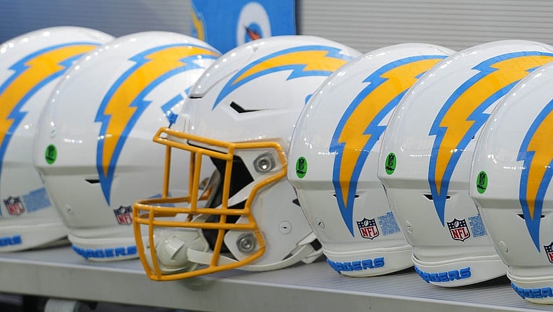 Aug 12, 2023; Inglewood, California, USA; Los Angeles Chargers helmets on the bench at SoFi Stadium. Mandatory Credit: Kirby Lee-USA TODAY Sports