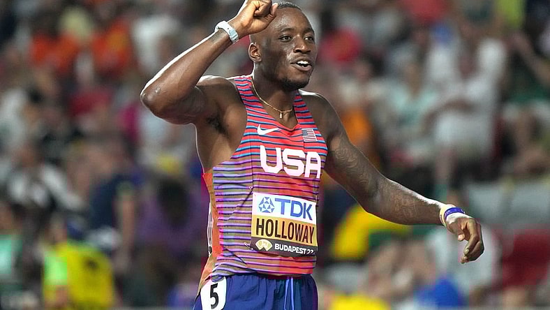 Aug 21, 2023; Budapest, Hungary; Grant Holloway (USA) celebrates after winning the 110m hurdles in 12.96 during the World Athletics Championships Budapest 23 at National Athletics Centre. Mandatory Credit: Kirby Lee-USA TODAY Sports