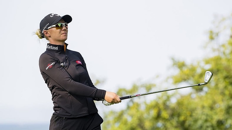 Aug 24, 2023; Vancouver, British Columbia, CAN; Madelene Sagstrom tees off on the twelfth hole during the first round of the CPKC Women's Open golf tournament at Shaughnessy Golf & Country Club. Mandatory Credit: Bob Frid-USA TODAY Sports