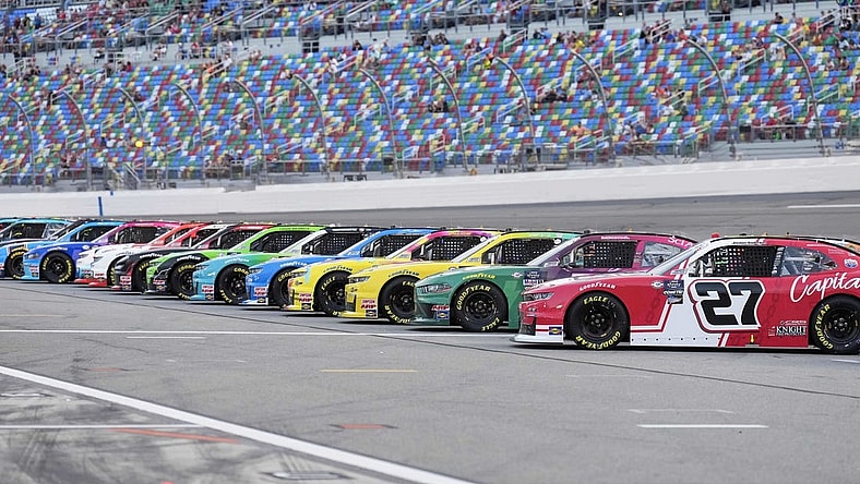 Aug 25, 2023; Daytona Beach, Florida, USA;  A general view of cars on the grid prior to the start of the NASCAR Xfinity Series Wawa 250 at Daytona International Speedway. Mandatory Credit: David Yeazell-USA TODAY Sports