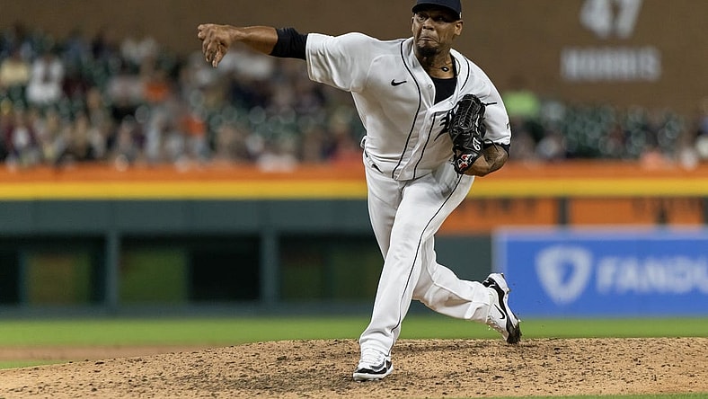Aug 26, 2023; Detroit, Michigan, USA; Detroit Tigers relief pitcher Jose Cisnero (67) pitches in the eighth inning against the Houston Astros at Comerica Park. Mandatory Credit: David Reginek-USA TODAY Sports
