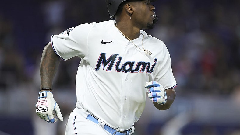 Aug 27, 2023; Miami, Florida, USA; Miami Marlins designated hitter Jorge Soler (12) circles the bases after hitting a two-run home run against the Washington Nationals during the third inning at loanDepot Park. Mandatory Credit: Sam Navarro-USA TODAY Sports