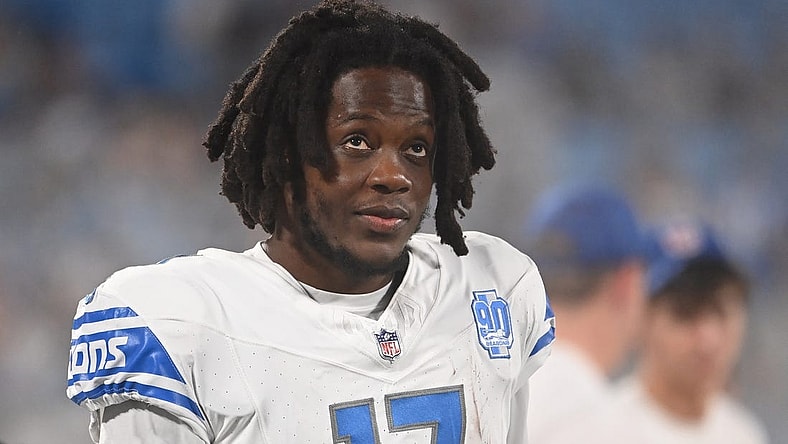 Aug 25, 2023; Charlotte, North Carolina, USA; Detroit Lions quarterback Teddy Bridgewater (17) on the sidelines in the fourth quarter at Bank of America Stadium. Mandatory Credit: Bob Donnan-USA TODAY Sports