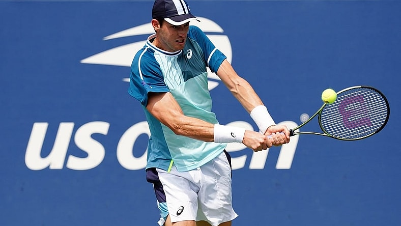 Aug 29, 2023; Flushing, NY, USA; Nicolas Jarry of Chile hits a shot against Luca Van Assche of France on day two of the 2023 U.S. Open tennis tournament at the USTA Billie Jean King National Tennis Center. Mandatory Credit: Jerry Lai-USA TODAY Sports