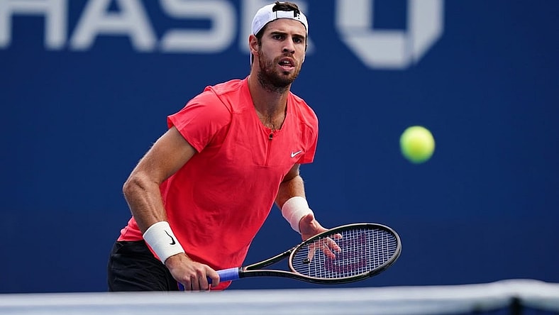 Aug 29, 2023; Flushing, NY, USA; Karen Khachanov in action against Michael Mmoh of the United States on day two of the 2023 U.S. Open tennis tournament at the USTA Billie Jean King National Tennis Center. Mandatory Credit: Jerry Lai-USA TODAY Sports