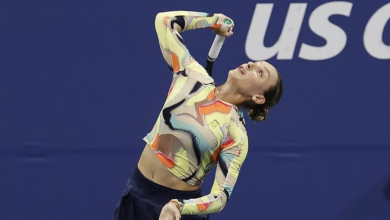 Aug 29, 2023; Flushing, NY, USA; Ana Bogdan of Romania serves against Sofia Kenin of the Unites States (not pictured) on day two of the 2023 U.S. Open tennis tournament at USTA Billie Jean King National Tennis Center. Mandatory Credit: Geoff Burke-USA TODAY Sports