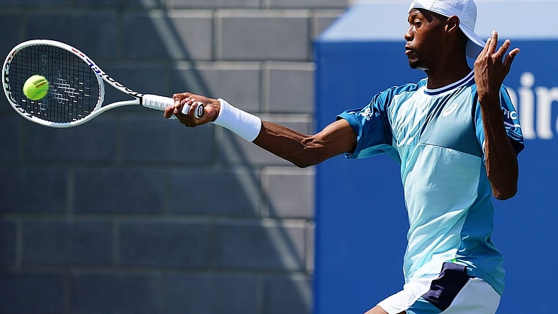 Aug 30, 2023; Flushing, NY, USA; Christopher Eubanks of the United States hits a shot against Benjamin Bonzi of France on day three of the 2023 U.S. Open tennis tournament at the USTA Billie Jean King National Tennis Center. Mandatory Credit: Jerry Lai-USA TODAY Sports