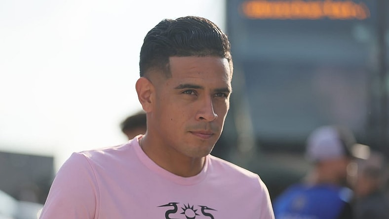 Aug 30, 2023; Fort Lauderdale, Florida, USA; Inter Miami midfielder Victor Ulloa (13) arrives at he stadium before the game against the Nashville SC at DRV PNK Stadium. Mandatory Credit: Sam Navarro-USA TODAY Sports
