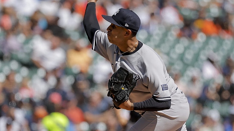 Aug 31, 2023; Detroit, Michigan, USA; New York Yankees relief pitcher Keynan Middleton (93) pitches in the sixth inning against the Detroit Tigers at Comerica Park. Mandatory Credit: Rick Osentoski-USA TODAY Sports