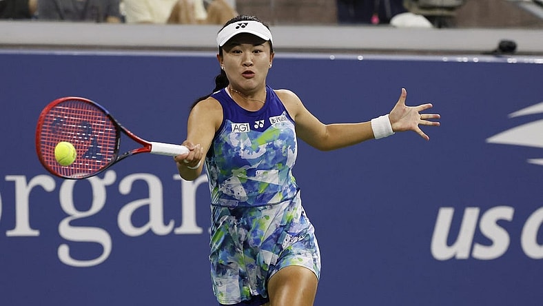Sep 1, 2023; Flushing, NY, USA; Lin Zhu of China hits a forehand against Belinda Bencic of Switzerland (not pictured) on day five of the 2023 U.S. Open tennis tournament at USTA Billie Jean King National Tennis Center. Mandatory Credit: Geoff Burke-USA TODAY Sports