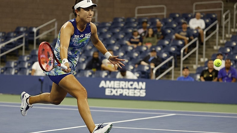 Sep 1, 2023; Flushing, NY, USA; Lin Zhu of China reaches for a forehand against Belinda Bencic of Switzerland (not pictured) on day five of the 2023 U.S. Open tennis tournament at USTA Billie Jean King National Tennis Center. Mandatory Credit: Geoff Burke-USA TODAY Sports