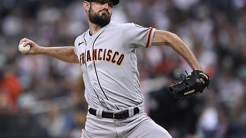 Sep 1, 2023; San Diego, California, USA; San Francisco Giants starting pitcher Tristan Beck (43) throws a pitch against the San Diego Padres during the first inning at Petco Park. Mandatory Credit: Orlando Ramirez-USA TODAY Sports