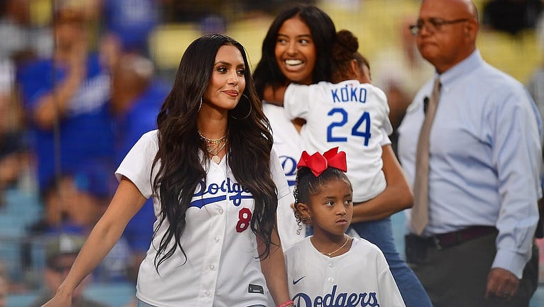 September 1, 2023; Los Angeles, California, USA; Vanessa Bryant, wife of former Los Angeles Lakers player Kobe Bryant in attendance with daughters Natalia, Bianka and Capri in attendance at Dodger Stadium. Mandatory Credit: Gary A. Vasquez-USA TODAY Sports