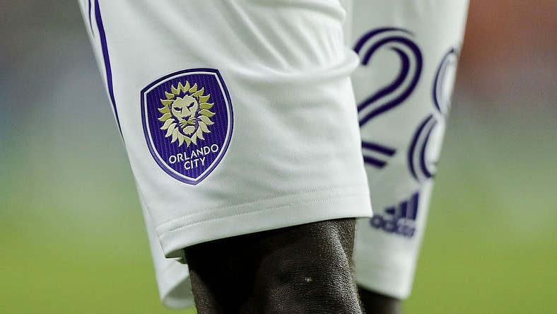 Sep 2, 2023; Cincinnati, Ohio, USA; The Orlando City SC logo on the uniform of defender Abdi Salim (28) during the second half in the game against FC Cincinnati at TQL Stadium. Mandatory Credit: Katie Stratman-USA TODAY Sports