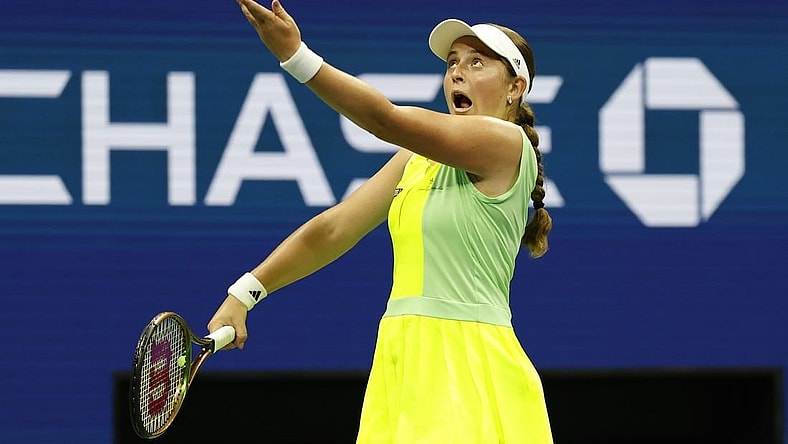 Sep 3, 2023; Flushing, NY, USA; Jelena Ostapenko of Latvia serves against Iga Swiatek of Poland (not pictured) on day seven of the 2023 U.S. Open tennis tournament at USTA Billie Jean King National Tennis Center. Mandatory Credit: Geoff Burke-USA TODAY Sports