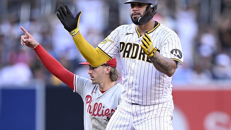 Sep 4, 2023; San Diego, California, USA; San Diego Padres catcher Gary Sanchez (99) celebrates after hitting an RBI double against the Philadelphia Phillies during the seventh inning at Petco Park. Mandatory Credit: Orlando Ramirez-USA TODAY Sports