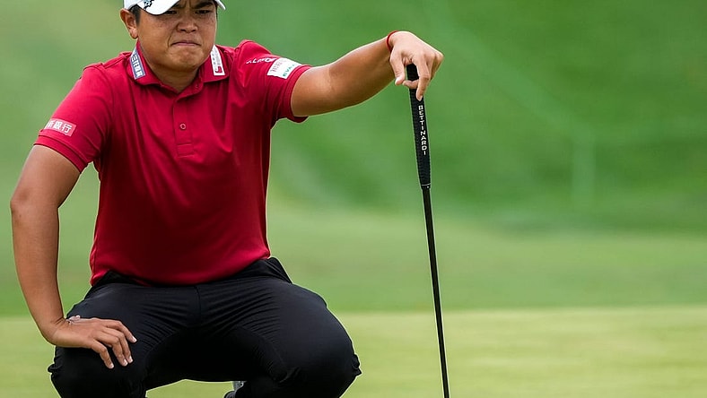 Peiyun Chien, of Pingtung, Chinese Taipei, reads her putt on the 18th hole at the 2023 Kroger Queen City Championship presented by P&G at Kenwood Country Club in Madeira, Ohio, on Saturday, Sept. 9, 2023. Chien finished 13 under.