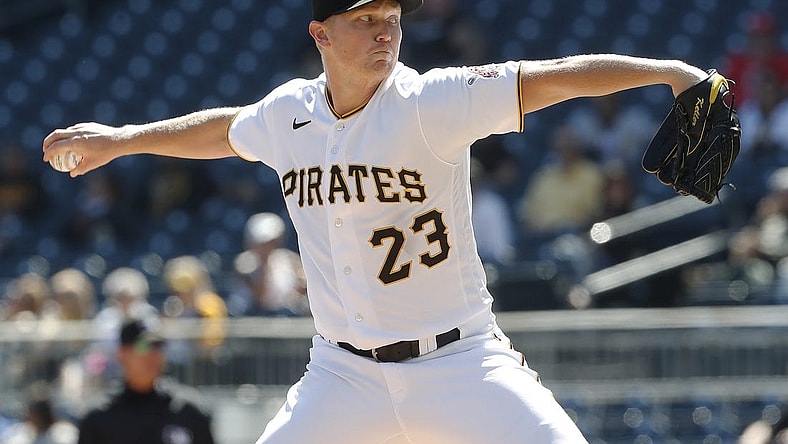 Sep 14, 2023; Pittsburgh, Pennsylvania, USA; Pittsburgh Pirates starting pitcher Mitch Keller (23) pitches against the Washington Nationals during the eighth inning at PNC Park. Pittsburgh won 2-0. Mandatory Credit: Charles LeClaire-USA TODAY Sports