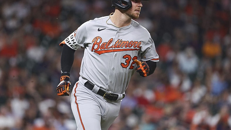 Sep 18, 2023; Houston, Texas, USA; Baltimore Orioles first baseman Ryan O'Hearn (32) runs to first base on a single during the third inning against the Houston Astros at Minute Maid Park. Mandatory Credit: Troy Taormina-USA TODAY Sports