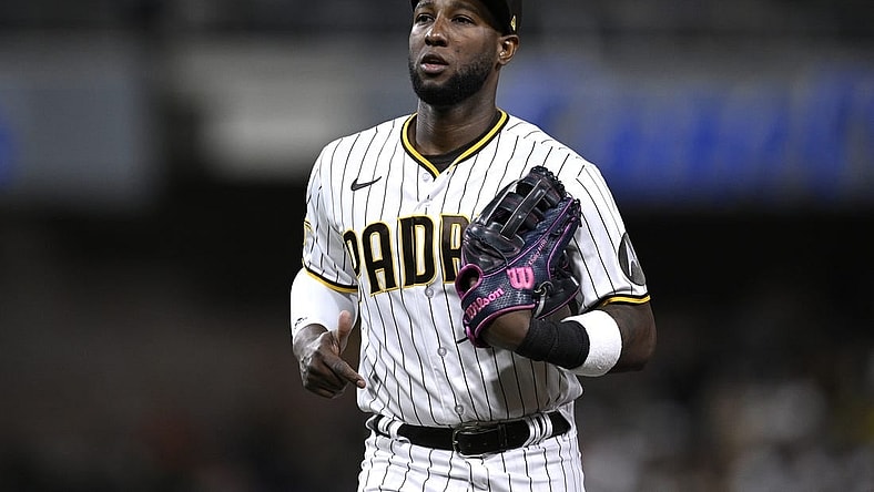 Sep 19, 2023; San Diego, California, USA; San Diego Padres left fielder Jurickson Profar (10) looks on during the fourth inning against the Colorado Rockies at Petco Park. Mandatory Credit: Orlando Ramirez-USA TODAY Sports