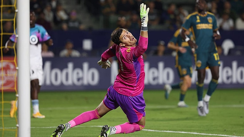 Sep 20, 2023; Carson, California, USA;  Los Angeles Galaxy goalkeeper Jonathan Bond (1) misses a save during the first half against Minnesota United FC at Dignity Health Sports Park. Mandatory Credit: Kiyoshi Mio-USA TODAY Sports