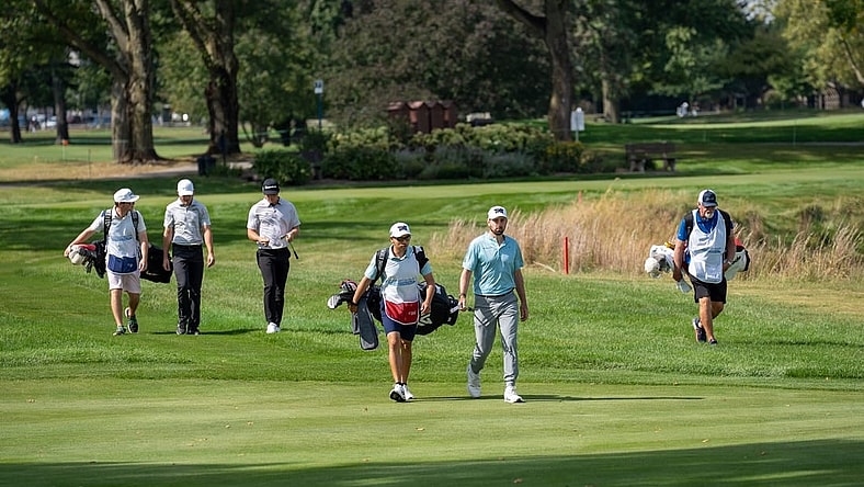 Sep 21, 2023; Columbus, OH, USA;
The group consisting of Cristobal Del Solar, Frankie Carman III and Trent Phillips walks the fairway to their balls on hole 8 during the Nationwide Children   s Hospital Championship.