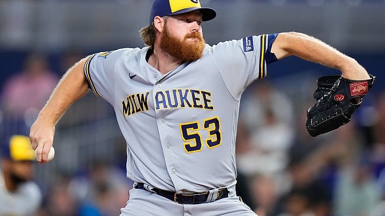 Sep 23, 2023; Miami, Florida, USA; Milwaukee Brewers starting pitcher Brandon Woodruff (53) throws a pitch against the Miami Marlins during the first inning at loanDepot Park. Mandatory Credit: Rich Storry-USA TODAY Sports