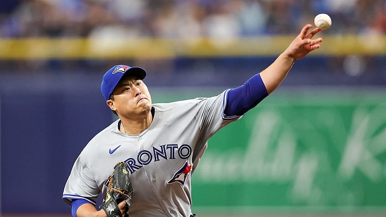 Sep 23, 2023; St. Petersburg, Florida, USA;  Toronto Blue Jays starting pitcher Hyun Jin Ryu (99) throws a pitch against the Tampa Bay Rays in the fifth inning at Tropicana Field. Mandatory Credit: Nathan Ray Seebeck-USA TODAY Sports