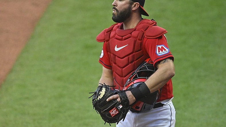 Sep 23, 2023; Cleveland, Ohio, USA; Cleveland Guardians catcher Cam Gallagher (35) stands on the field in the third inning against the Baltimore Orioles at Progressive Field. Mandatory Credit: David Richard-USA TODAY Sports
