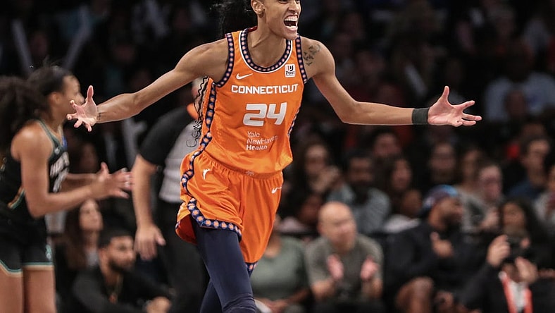 Sep 24, 2023; Brooklyn, New York, USA; Connecticut Sun forward DeWanna Bonner (24) celebrates after scoring in the fourth quarter against the New York Liberty during game one of the 2023 WNBA Playoffs at Barclays Center. Mandatory Credit: Wendell Cruz-USA TODAY Sports