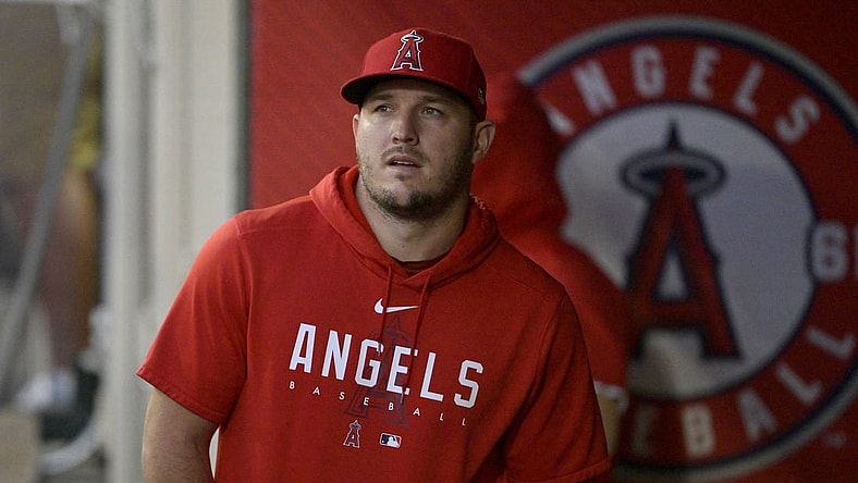 Sep 25, 2023; Anaheim, California, USA; Los Angeles Angels center fielder Mike Trout (17) looks on during the game against the Texas Rangers at Angel Stadium. Mandatory Credit: Jayne Kamin-Oncea-USA TODAY Sports