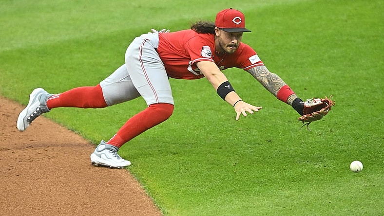 Sep 26, 2023; Cleveland, Ohio, USA; Cincinnati Reds second baseman Jonathan India (6) dives for the ball on a base hit by the Cleveland Guardians in the second inning at Progressive Field. Mandatory Credit: David Richard-USA TODAY Sports