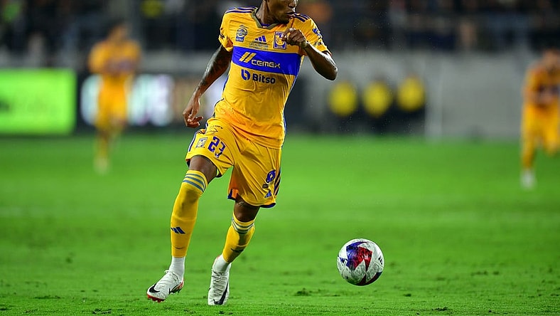 Sep 27, 2023; Los Angeles, CA, USA; Tigres UANL forward Luis Quinones (23) controls the ball in the first half against the Los Angeles FC at BMO Stadium. Mandatory Credit: Gary A. Vasquez-USA TODAY Sports