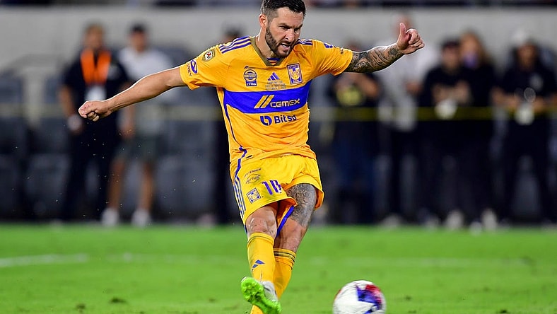 Sep 27, 2023; Los Angeles, CA, USA;  Tigres UANL forward Andre-Pierre Gignac (10) scores a penalty kick against the Los Angeles FC at BMO Stadium. Mandatory Credit: Gary A. Vasquez-USA TODAY Sports