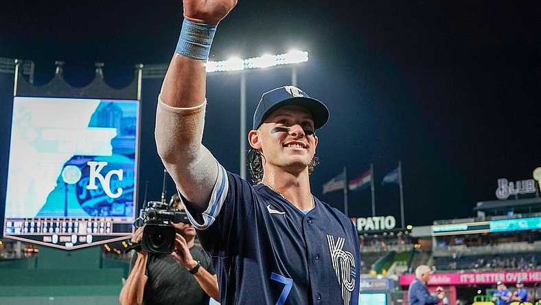Sep 29, 2023; Kansas City, Missouri, USA;  Kansas City Royals shortstop Bobby Witt Jr. (7) waves to the crowd after the win over the New York Yankees at Kauffman Stadium. Witt became the first Royals player in history to hit 30 home runs and have 30 stolen bases. Mandatory Credit: Denny Medley-USA TODAY Sports